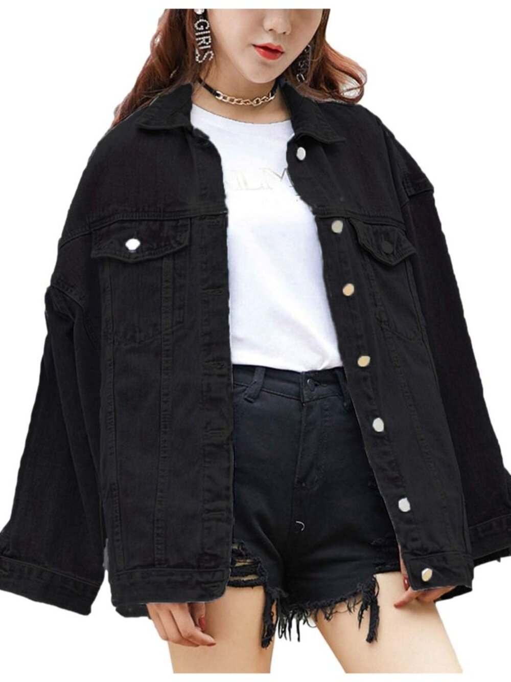 Women's Black Oversized Denim Mid Long Casual Jacket Fall Trendy with Pockets